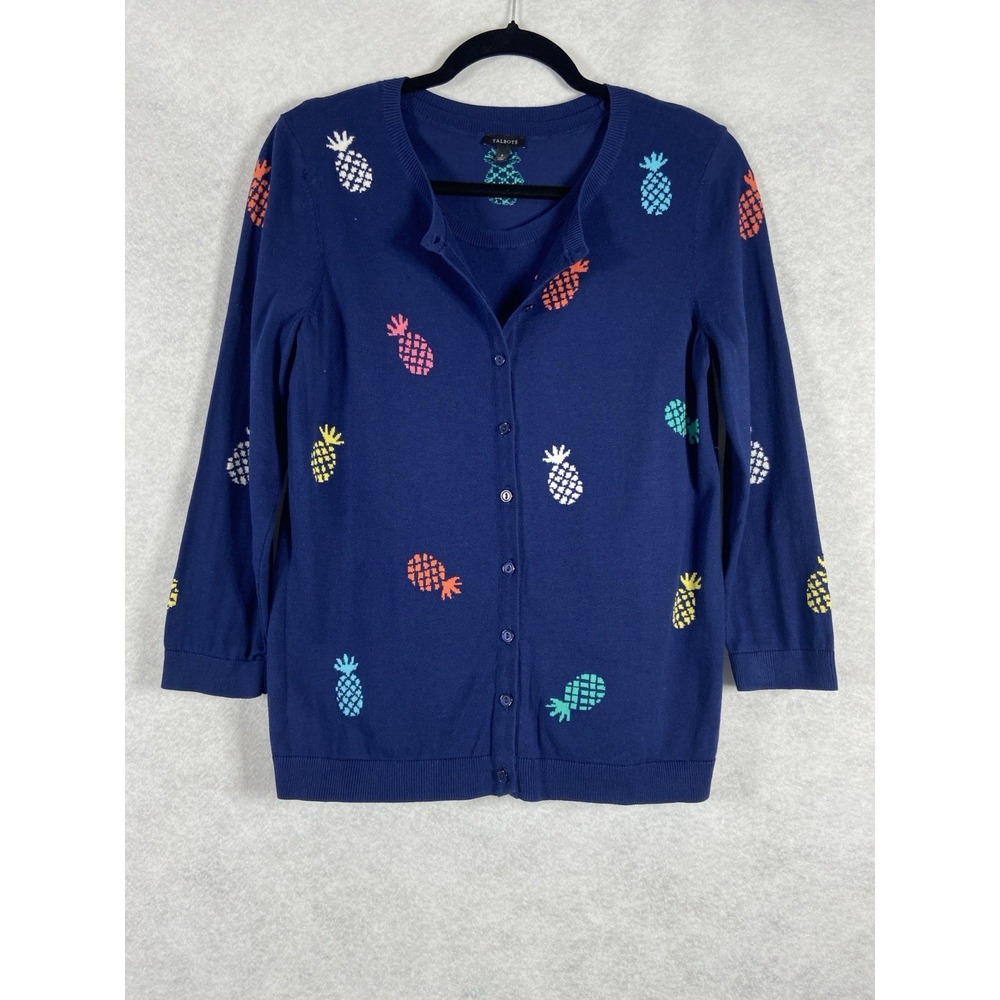 Talbots 2PC Sweater Set Women's Small Blue Pineapple Print Cardigan & Top